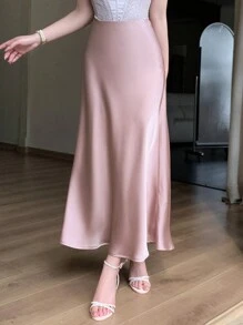 DAZY 女士简约纯色休闲通勤中长裙 - 粉色 - 查看 8