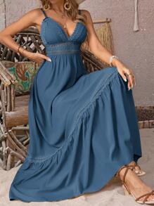 Breezaya Vestido maxi de tirantes finos con contraste de encaje, calado y escote para mujer, atuendo de vacaciones y playa de verano