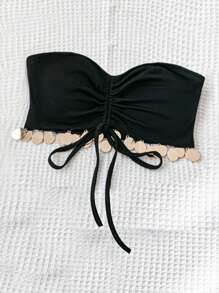 Soleia Top de bandeau noir pour femmes de style boho avec cordon de serrage, pompon, embellissement de pièces de monnaie et design d'insertion, parfait pour le festival de musique - Noir - Voir 3