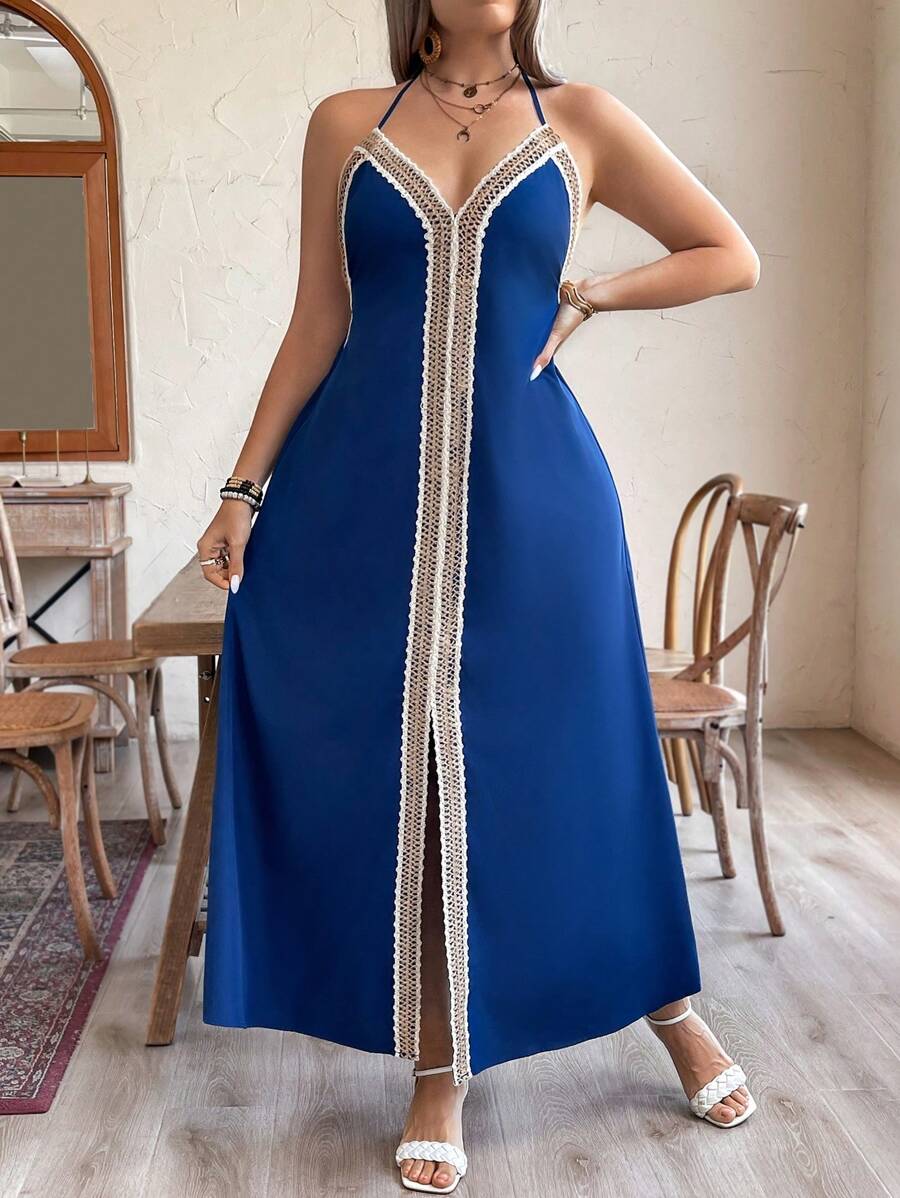 SHEIN Clasi Plus Size Women's Holiday Patchwork Woven Strap Long Casual Tank Dress - Navy Blue - View 1