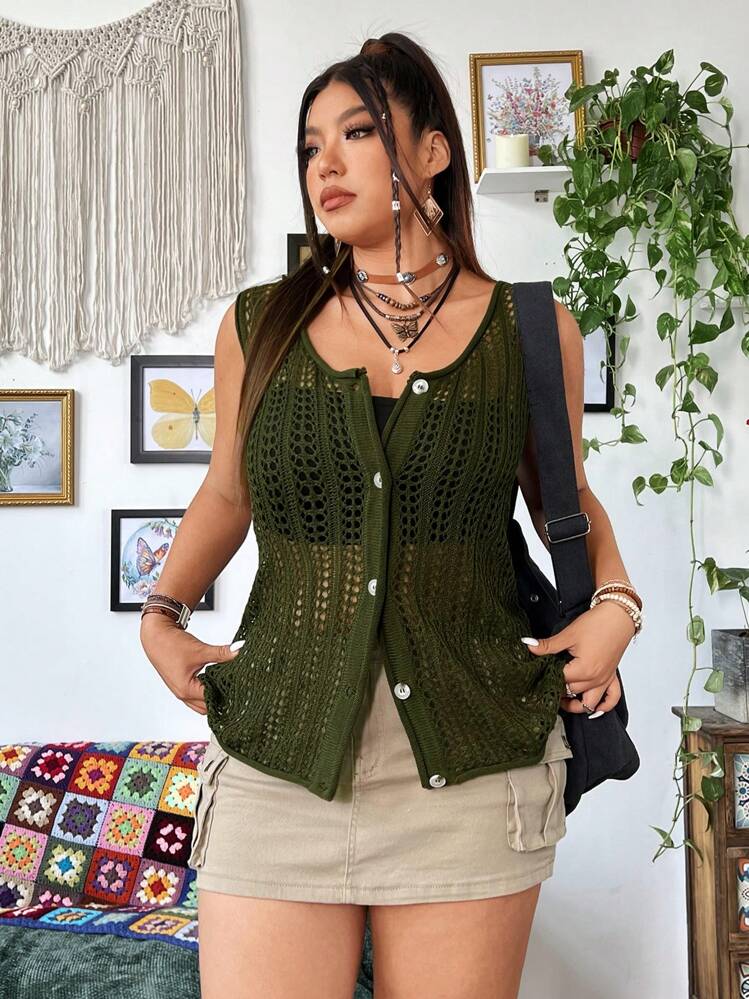 Flirla Vintage Top für große Größen mit Hohlmusterstrick - Armeegrün - Übersicht 1