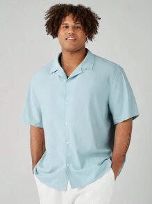 Manfinity VCAY 男士加大號仿亞麻方格紋織紋休閒短袖衫，常規肩部，展領，四向彈性 - 綠色 - 查看 1