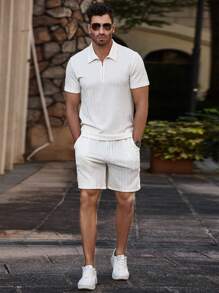 Manfinity Homme 男士夏季休閒純色短袖Polo衫和短褲套裝 - 杏色 - 查看 7