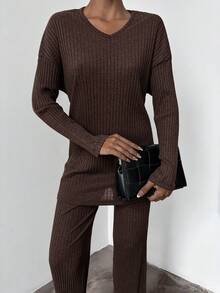 SHEIN Cottnline Ladies' Solid Color Round Neck Long Sleeve T-Shirt And Trousers Two-Piece Set - Brown - View 3