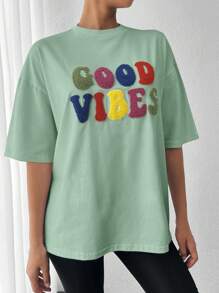 Letter Flocking Drop Shoulder Tee - Green - View 4