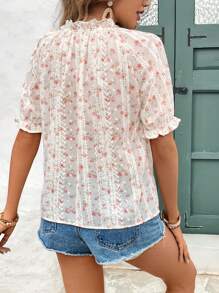 SHEIN Frenchy 女士印花刺繡上衣，輕便氣球袖春夏襯衫，適合日常穿著，花朵襯衫鈕扣式下午茶裝備，夏日服裝及時尚花朵裝飾上衣 - 白色 - 查看 5