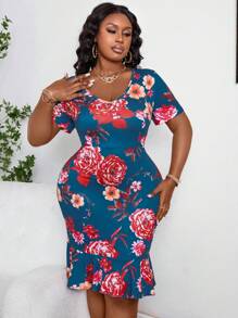SHEIN Clasi Plus Size Summer Elegant Flower Printed Bodycon Dress With Ruffle Hem - Multicolor - View 4