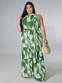 大碼女士印花簡約日常領口連身褲 - 綠色 - 查看 1