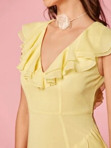 Enchnt Váy nghỉ lễ đơn giản cổ chữ V màu trơn dành cho nữ - Màu vàng - Xem 7