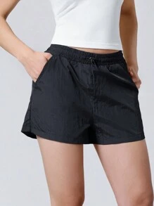 LYSMO Drawstring Waist Solid Shorts - Black - View 1