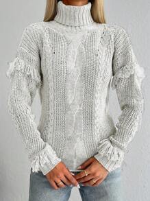 SHEIN Cottnline Turtleneck Drop Shoulder Fringe Trim Cable Knit Jumper - White - View 5