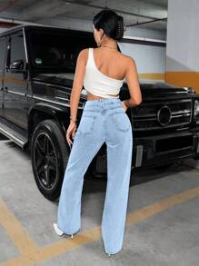RueChic High Waist Straight Leg Jeans - Baby Blue - View 2