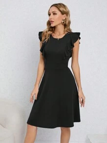 HOMEYEE Retro Sleeveless Flared A-Line Business Dress With Round Neck And Ruffle Trim - Black - View 3