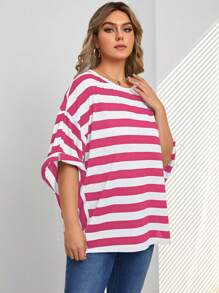 SHEIN LUNE 大尺碼條紋印花圓領夏季休閒T恤 - 玫紅色 - 查看 5