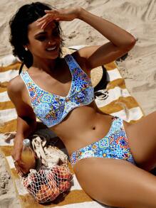 SHEIN Swim Women Bikini Set, Random Print, Steel Bracket,Summer Beach - Multicolor - View 1