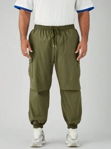 Manfinity VCAY Men's Solid Woven Mid-Rise Plus Size Integrated Casual Straight Tapered Joggers, Suitable For Everyday Wear In Spring And Summer - Army Green - View 5