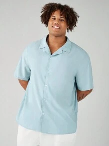 Manfinity VCAY 男士加大號仿亞麻方格紋織紋休閒短袖衫，常規肩部，展領，四向彈性 - 綠色 - 查看 4