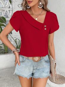 Breezaya 女士简约纯色短袖衬衫夏季新年衣服，短袖上衣 - 紅色 - 查看 4