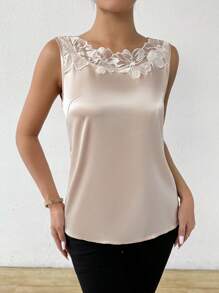 EMERY ROSE Women's Sleeveless Satin Patchwork Lace Blouse,Sleeveless Tops