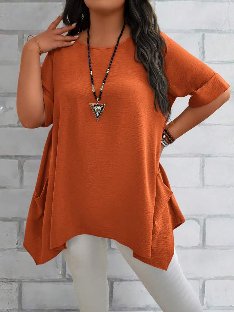 Plus Size Women's Summer Blue Round Neck Short Sleeve Double Pocket Loose Casual Mom Shirts
