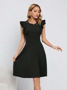 HOMEYEE Retro Sleeveless Flared A-Line Business Dress With Round Neck And Ruffle Trim - Black - View 6