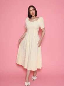 Modelyn 女士夏季純色泡泡袖褶皺裙