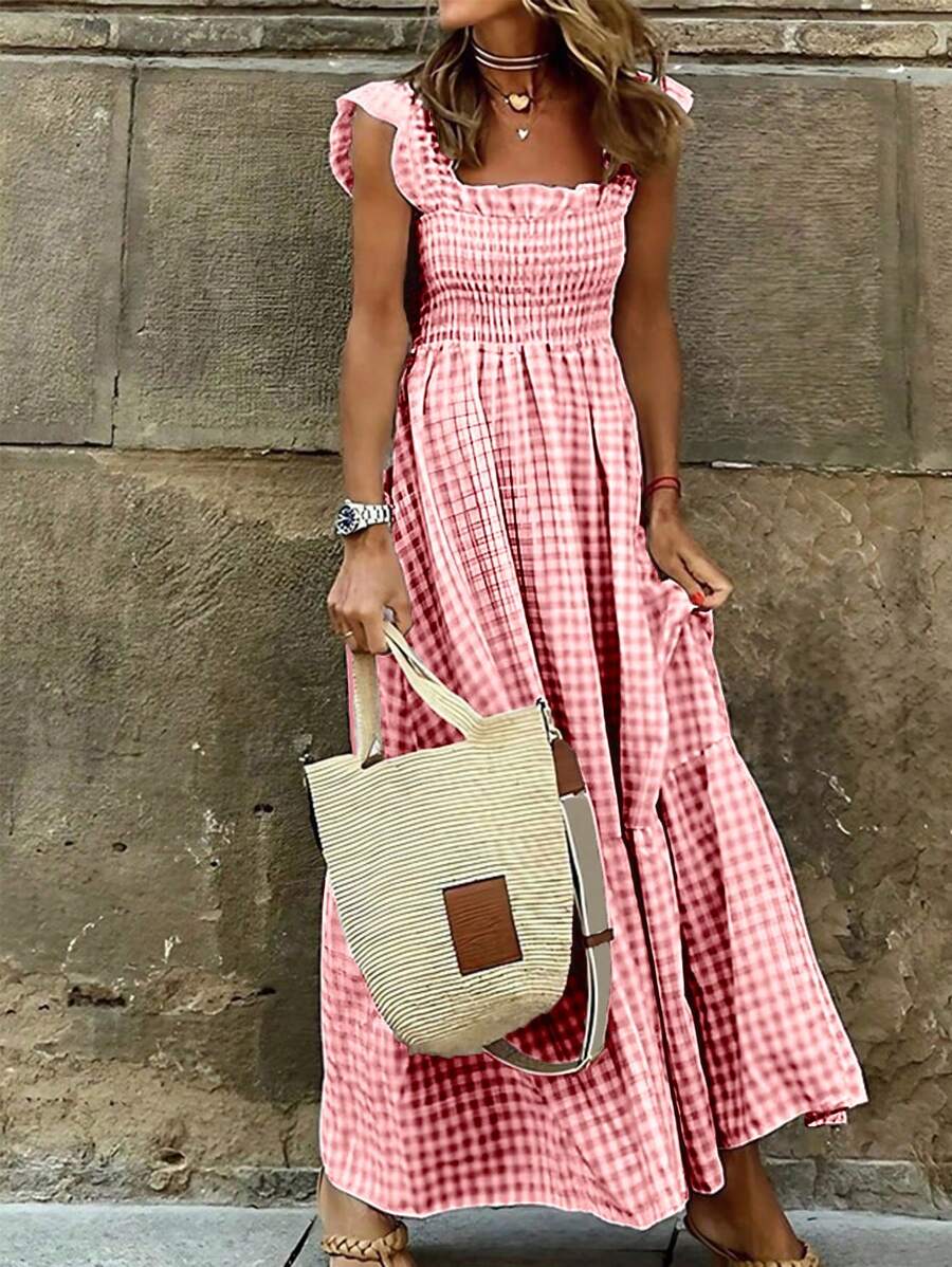SHEIN LUNE Vestido diario simple de mujer con estampado a cuadros - Rojo - Ver 1