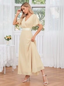 SHEIN Belle Váy phù dâu cổ chữ V tay ngắn dành cho nữ, màu trơn thời trang - Màu be - Xem 6