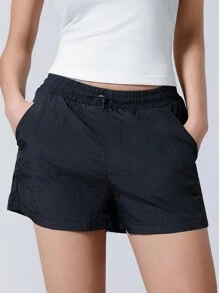 LYSMO Drawstring Waist Solid Shorts - Black - View 4