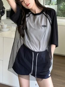 DAZY Women Loose Fit Patchwork Casual Spring/Summer T-Shirt Oversized T-Shirt - Black and White - View 6