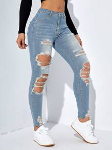 Jeanoix Ladies' Plain & Simple Everyday Distressed Denim Jeans - Dark Wash - View 6