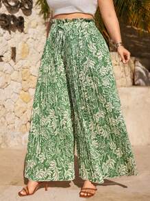 SHEIN Frenchy Plus Size Women's Vacation Plant Print Pleated Loose Wide Leg Pants - Green - View 4