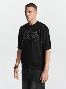 Manfinity EMRG Men's Short Sleeve Knitted Top With Simple Design And Rhinestone Decoration For Daily Wear