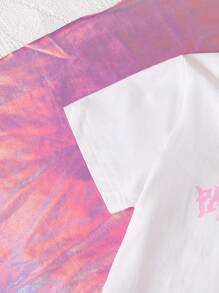 SHEIN Cô gái trẻ thường ngày mát mẻ Áo phông in chữ cô gái trẻ + Váy túi lớn dệt màu bạc óng ánh, Xuân/Hè - trắng - Xem 7