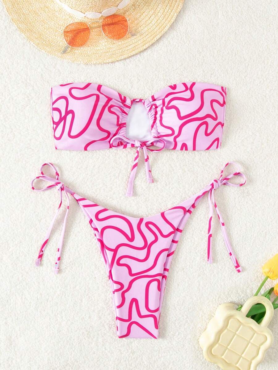 Swim Mod 女士夏季海滩不对称条纹印花镂空抹胸性感比基尼套装带随机印花 - 彩色 - 查看 1
