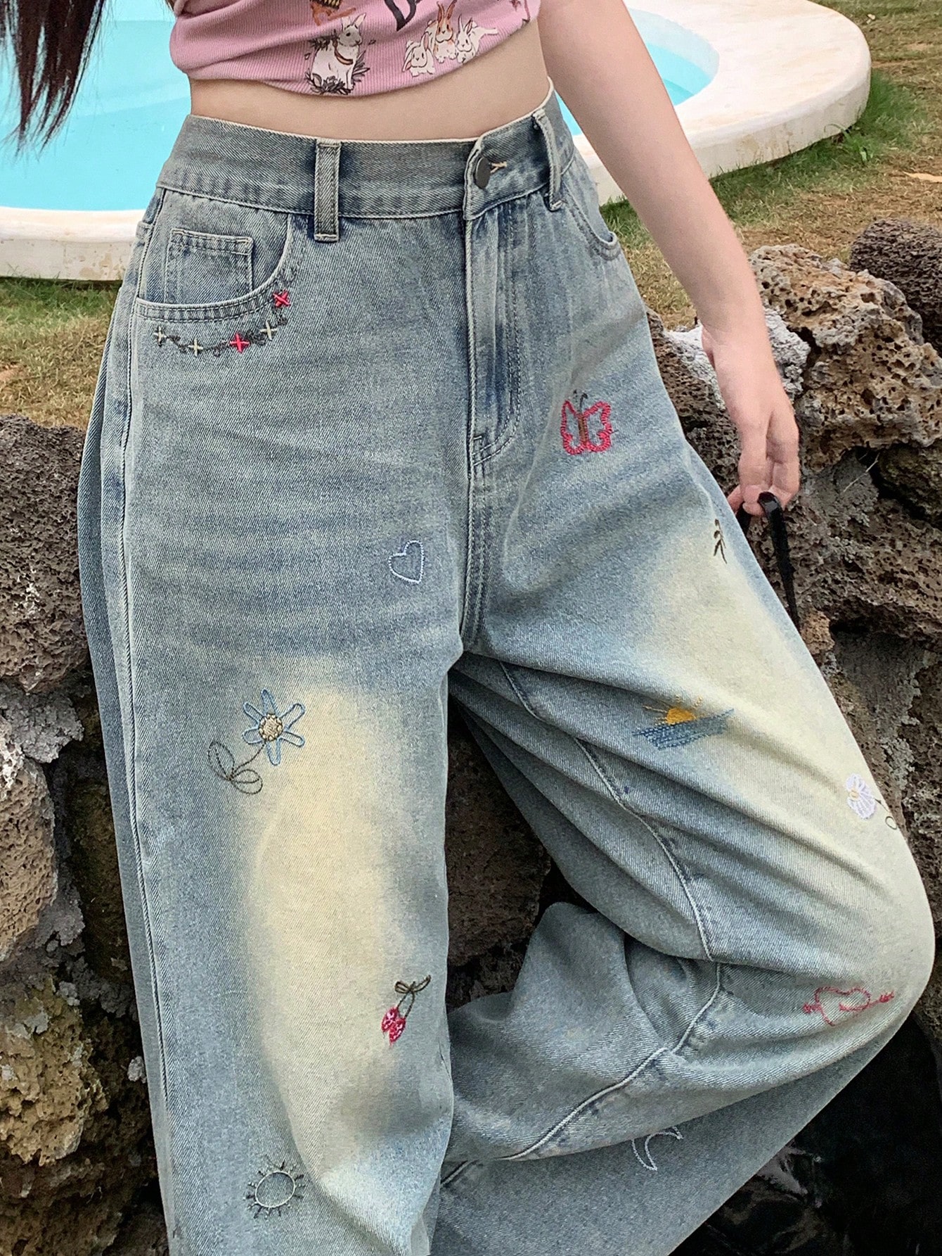 DAZY سراويل جينز نسائية بتصميم مستقيم وفضفاض مع طب...