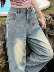 DAZY Ladies' Cherry Printed Loose Fit Straight Leg Denim Jeans With Raw Hem Pockets,Back To School Clothes - Light Wash - View 4