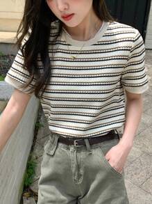 DAZY 女士條紋印花圓領短袖休閒T恤，夏季款