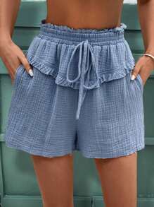 SHEIN Frenchy Exquisite Vertical Grain Crape, Plain Simple Daily Bow Tie Hem Shorts, Summer Vacation Season, Comfy, Boho, Beach Women Outfits, Swimwear Cover Up, Mother Day Dress, Mom, Fashion, Grad Dress, Elegant Teacher, Leisure, Long Summer Dress, Simple Daily, Cottagecore