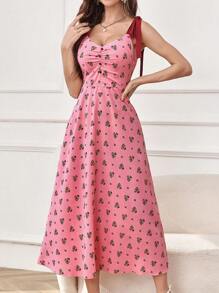 Modelyn Women's Tie Strap High Waist Summer Sundress With Ditsy Floral - Pink - View 5
