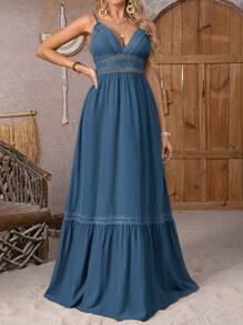 Breezaya Vestido maxi de tirantes finos con contraste de encaje, calado y escote para mujer, atuendo de vacaciones y playa de verano