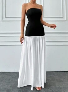 SHEIN Cottnline Women's Strapless A-Line Color Block Dress, Elegant And Fashionable - Multicolor - View 4