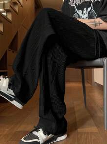 Quần ống đứng nhăn dáng rộng thoải mái cho nam, màu trơn, mùa hè, mùa thu - màu đen - Xem 5