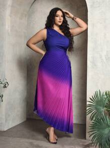 SHEIN SXY Plus Size Ombre One Shoulder Pleated Asymmetrical Hem Dress - Purple - View 4