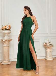 SHEIN Belle Dark Green Spring Elegant Wedding Guest Formal Halter Neck Dress With Ruching,High Thigh Slit,Water-Drop Back&Tie Straps For Bridesmaid Sheer Fabric - Dark Green - View 3