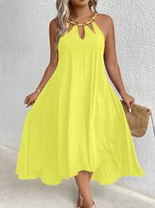 Plus Size Solid Color Hollow Out Circle Decoration Sleeveless Dress, High-Low Hem Elegant Style Maxi Women Outfit