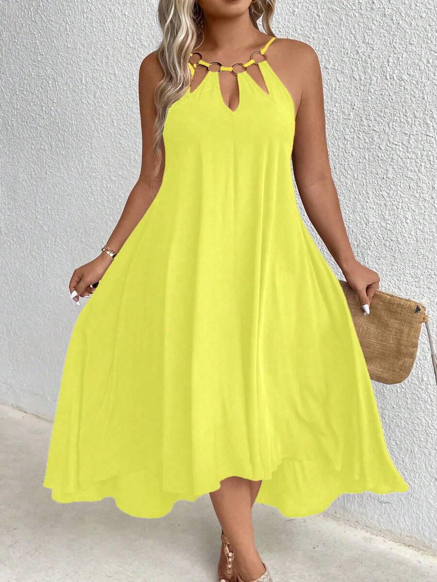 Plus Size Solid Color Hollow Out Circle Decoration Sleeveless Dress, High-Low Hem Elegant Style Maxi Women Outfit
