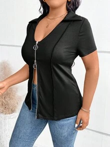 Calvaya Plus Size Mùa Hè Thường Ngày Màu Trơn Đôi Dây Kéo Áo Thun Tay Ngắn - màu đen - Xem 6