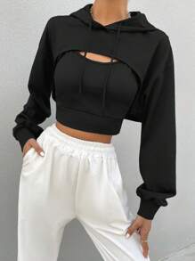 Cottnline Solid Crop Drawstring Hoodie & Cami Top - Black - View 6
