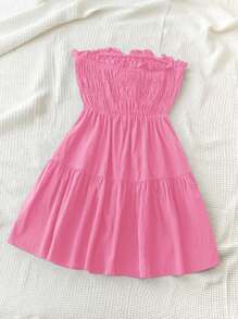 Soleia WYWH 夏季女士度假黑色无肩带素色荷叶边蝴蝶结前系带日常短款连衣裙，拼接设计 - 玫紅色 - 查看 2